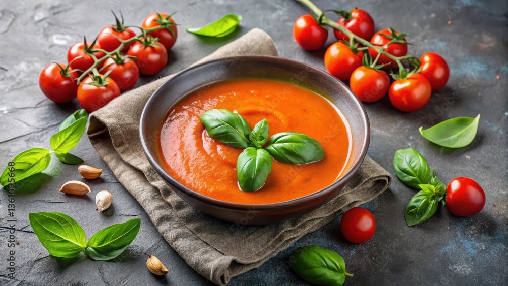 Traditional Spanish tomato soup in a gray bowl with fresh basil leaves, surrounded by summer vegetables, garnished with extra basil , vegetable, summer soup Traditional Spanish tomato soup in a gray bowl with fresh basil leaves, surrounded by summer vegetables, garnished with extra basil , vegetable, summer soup