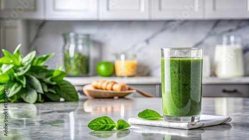 Glass of spinach smoothie on marble table in kitchen,, healthy drink, nutritious food