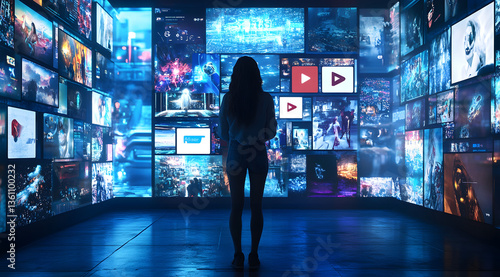 Digital Immersion: A woman stands amidst a wall of digital displays, each showcasing various online contents