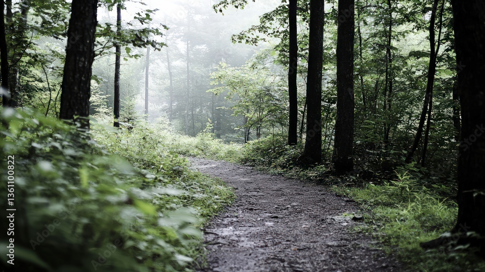 Fototapeta premium Misty Forest Path Tranquil Nature Trail Hiking Woodland Scene