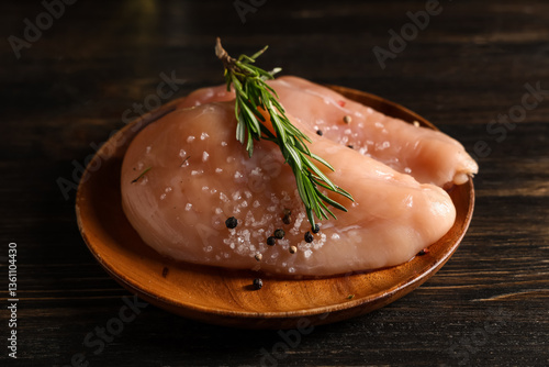 Plate with raw chicken brea...
