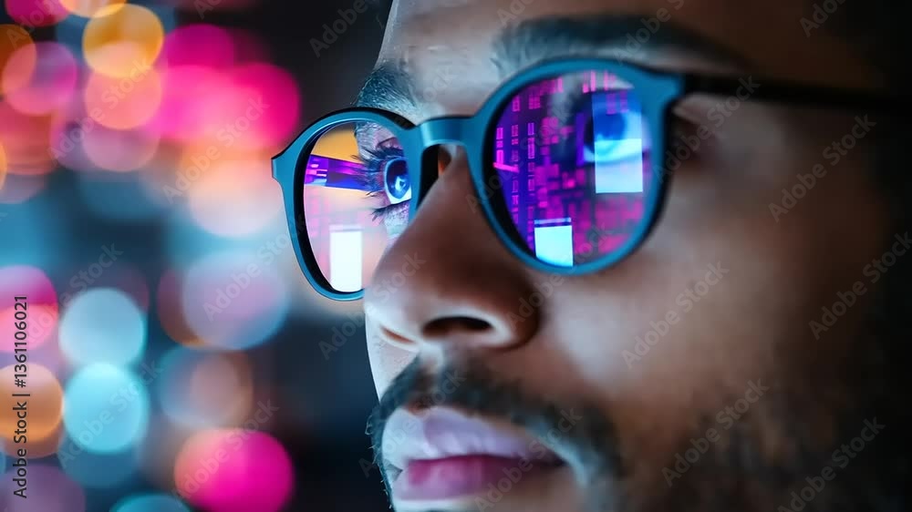 Portrait of a man wearing sunglasses reflecting vibrant city lights and digital data patterns Portrait of a man wearing sunglasses reflecting vibrant city lights and digital data patterns