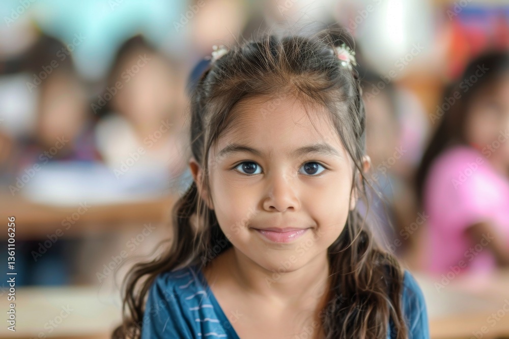 Cute little Hispanic in blurred classroom looking at camera Cute little Hispanic in blurred classroom looking at camera