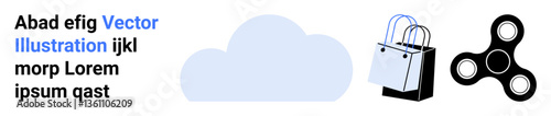 Shopping bags, a blue cloud symbol, and a spinner toy highlighting retail, cloud services, and leisure. Ideal for shopping concepts, technology, recreation, branding marketing e-commerce flat