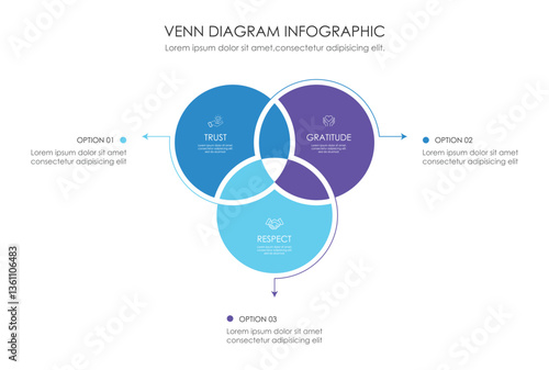 Infographic Venn diagram chart template for business 3 parts, options, presentation with venn diagram elements vector illustration.