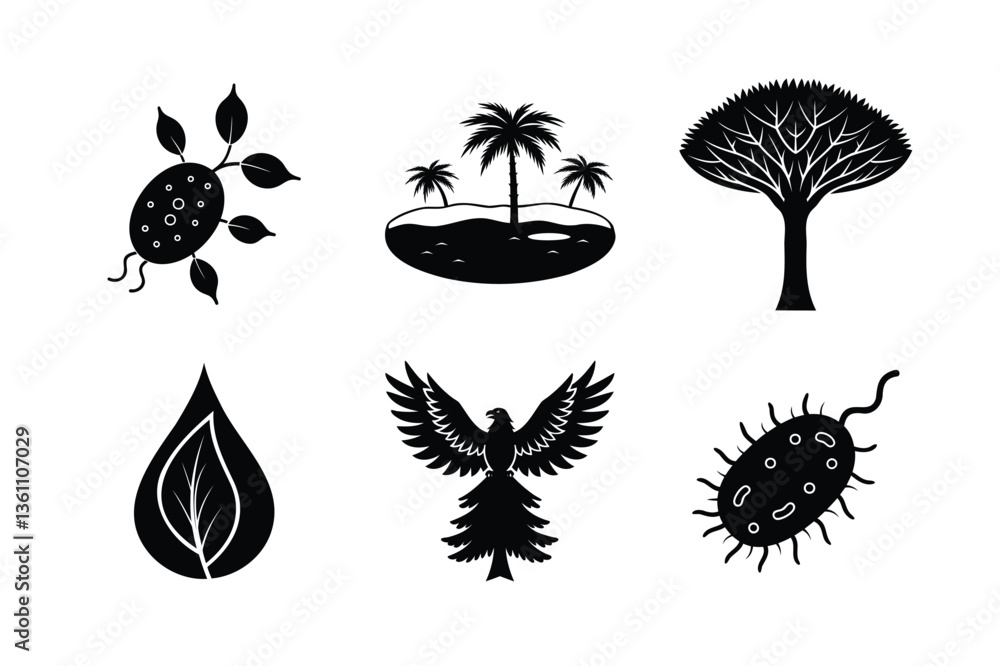Obraz premium Forest ecosystems plants, birds, animals silhouette vector illustration