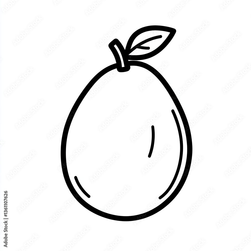Simple line art drawing of a fruit, likely a guava or similar oval fruit with a leaf Simple line art drawing of a fruit, likely a guava or similar oval fruit with a leaf