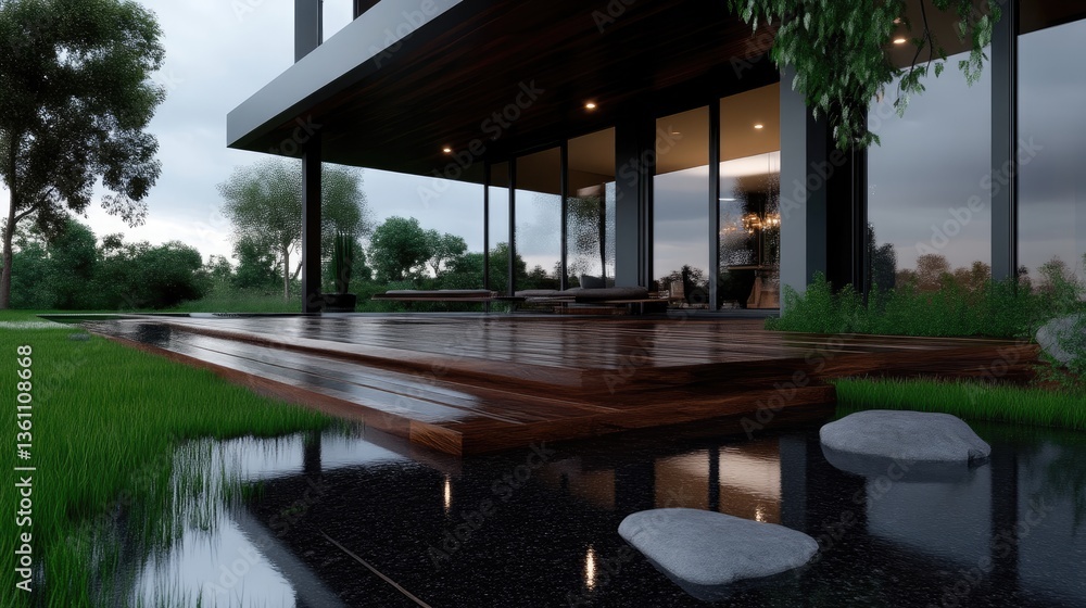Fototapeta premium Modern home exterior with a zen-like patio and water feature. 