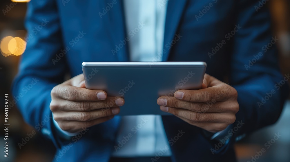 Businessman using a tablet computer indoorsClose up view of hands holding a digital device Businessman using a tablet computer indoorsClose up view of hands holding a digital device