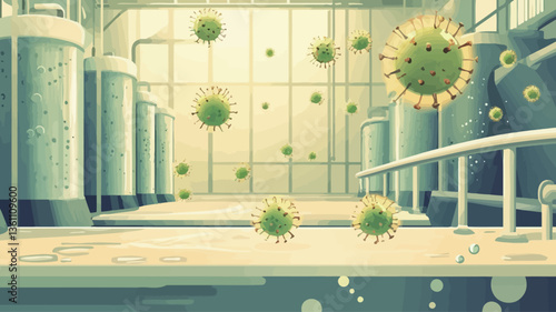 Digital illustration depicting numerous virus particles floating within a large-scale industrial facility. The setting is rendered in pastel greens and yellows, suggesting a cleanroom or sterile