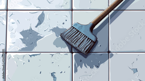 High-angle close-up shot of a cleaning brush with a wooden handle lying on a white tiled floor.  The brush bristles are visible and appear to be relatively stiff.  Some light grey/blue substance,