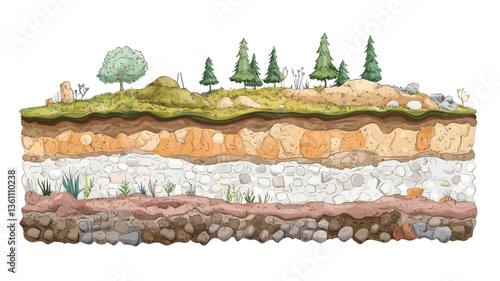 A detailed illustration depicting a cross-section of soil layers.  The image shows distinct layers of soil, from topsoil with vegetation on top (grassland, trees) down to bedrock. The illustration
