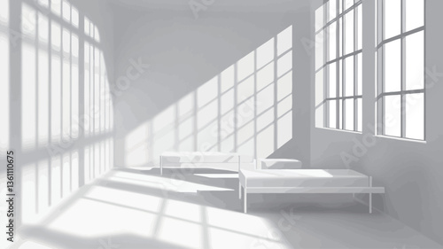 The image shows a digitally rendered interior scene of a minimalist room.  The room is entirely white, featuring white walls, floor, and furniture (two simple beds/daybeds). Large windows on two