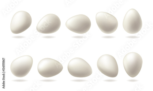 White egg set. Chicken blank render isolated. Vector 3d food package, transparent backdrop. Organic breakfast, fresh healthy food. Realistic eggshell surface, visual ellipse oval shape. Whole albumen