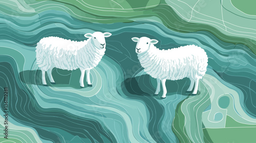 Digital illustration depicting two white sheep standing on a stylized abstract background. The background features swirling patterns in shades of green and teal, resembling a marble or agate