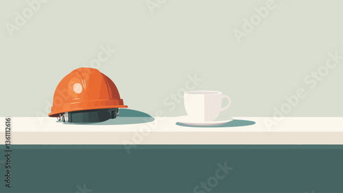 A minimalist image depicting an orange hard hat and a white coffee cup and saucer on a pale surface against a muted green background. The objects are positioned to the left of the frame.  Shadows