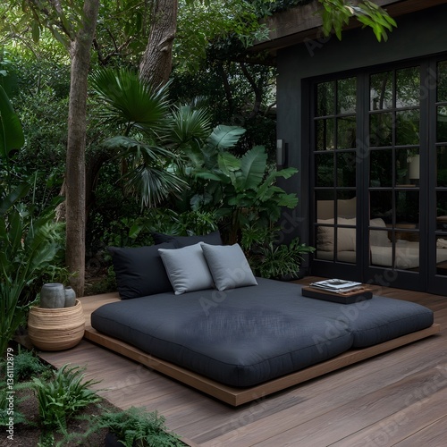 Tranquil outdoor daybed, lush garden, patio relaxation