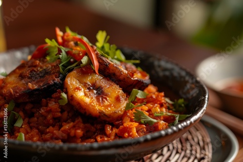 A dish of spicy jollof rice garnished with fried plantains