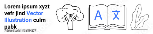 Open book with text characters, tree, leaf, and placeholder text for showcasing language learning, education, nature, growth, diversity, minimal design and simple landing page