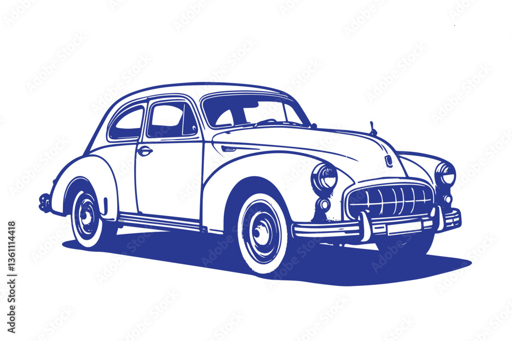 Naklejka premium minimal small linocut of an vintage car, black and white, vector, white background