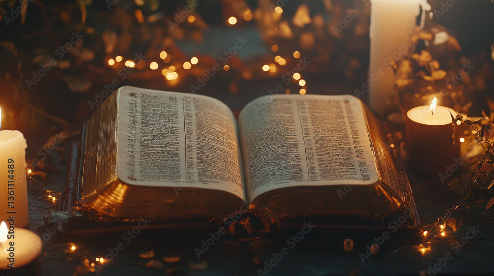 Obraz premium Open Holy Bible Book with Candles and Fairy Lights, Spiritual Reading Scene