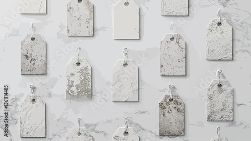 High-angle, close-up view of multiple small, rectangular white tags arranged in a repeating pattern on a light gray marble surface.  The tags appear to be made of a textured material with subtle