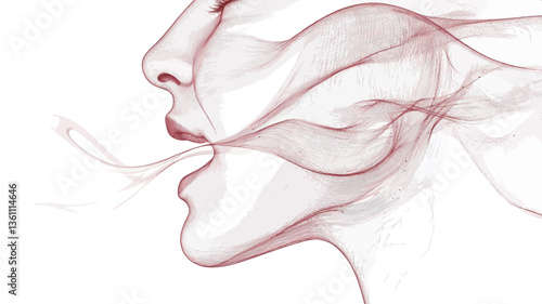 The image is a stylized digital illustration or painting of a woman's face in profile.  The style is abstract and minimalist, using thin, flowing lines in shades of red and pink to depict the