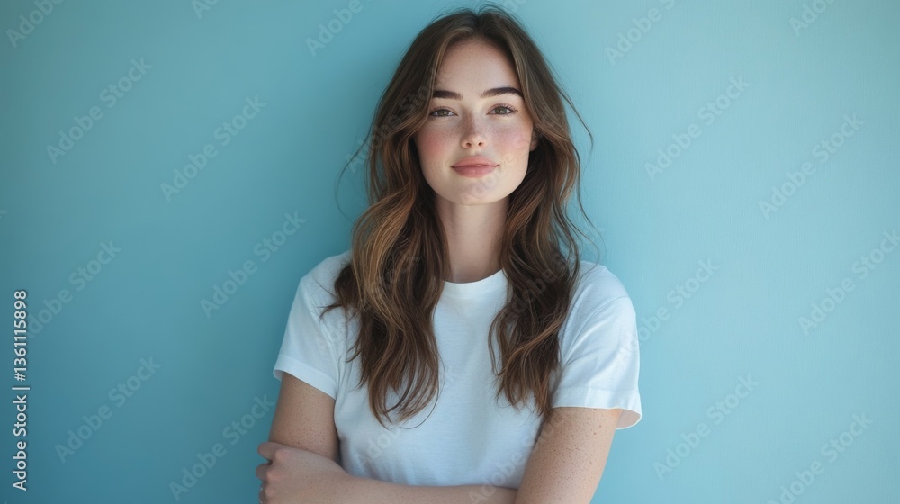 Confident young caucasian female with long hair against blue background Confident young caucasian female with long hair against blue background
