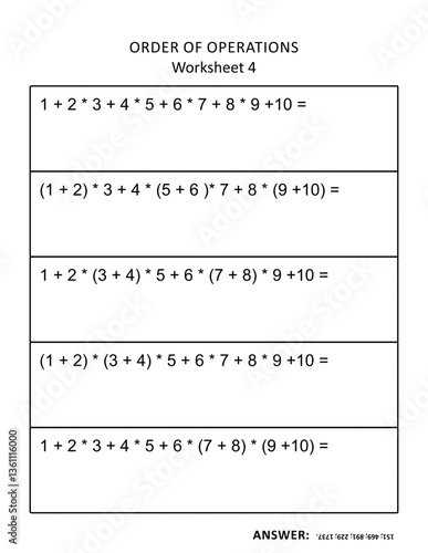 Order of operations math worksheet printable. Worksheet 4

