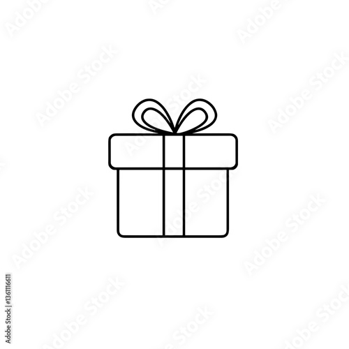 Black outline gift box with ribbon on white background  