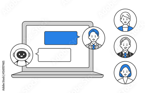 パソコンでAIとチャットするビジネスパーソン（差し替え用のアイコンセット）【人物ベクターイラスト素材】