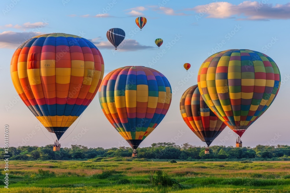 Naklejka premium Colorful hot air balloons float in a clear sky above lush green fields, creating a vibrant and serene landscape.