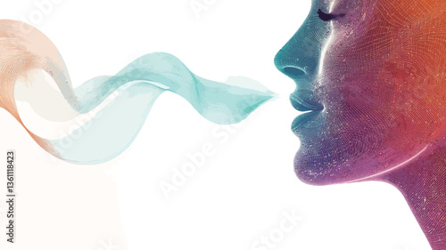 The image is a stylized digital illustration or rendering. It depicts a profile view of a woman's face, rendered in a gradient of warm and cool colors, primarily pinks, purples, and blues.  The