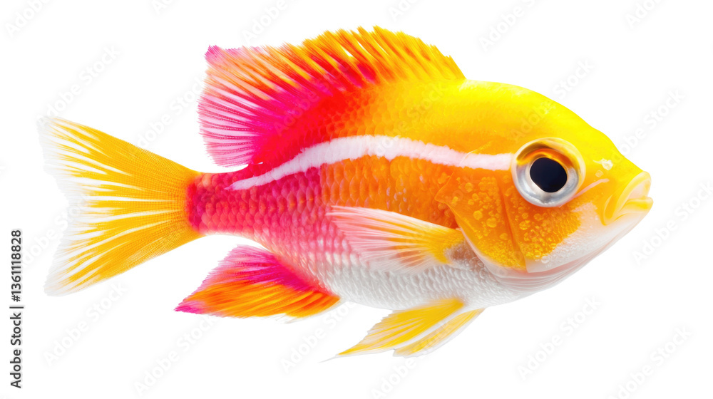 Fototapeta premium Brightly Colored Freshwater Fish with Vibrant Yellow and Pink Fin Details Swimming Gracefully