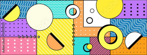 colorful abstract composition featuring geometric shapes and various patterns dynamic design memphis vector illustration