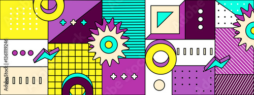 colorful geometric shapes composition in modern memphis art style vector illustration, for presentation design, wallpaper, or website background