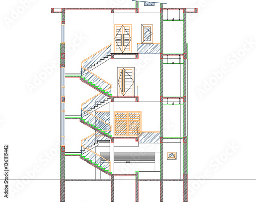 silhouette design vector illustration sketch of architectural engineering drawing of section view of modern minimalist multi-storey office building 