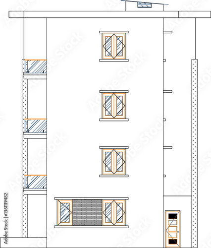 silhouette design vector illustration sketch of architectural engineering drawing of section view of modern minimalist multi-storey office building