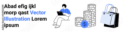 Person using laptop for work, coins representing savings, shopping bags for online buying. Ideal for business, finance, e-commerce, freelance work, digital shopping, investment and economy flat