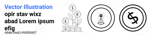 Currency icons growing on a plant, all-seeing eye with triangle, and circular dollar icon. Ideal for finance, investments, economy, vision, value growth abstract concepts metaphors. Abstract line