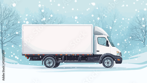 The image is a digital illustration depicting a white delivery truck driving on a snowy road. The truck is predominantly white with a dark gray or black lower section. It is shown in profile view,