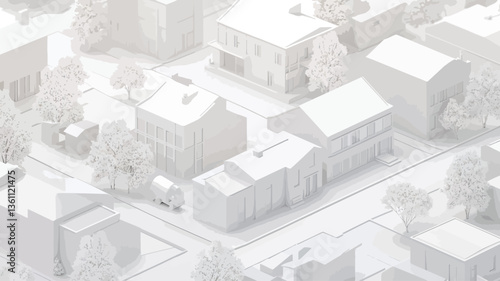 High-angle, close-up shot of a monochromatic architectural model depicting a town. The image features numerous small-scale buildings, roads, and possibly trees, all rendered in varying shades of