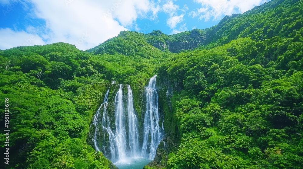 Cascading Waterfall in Lush Tropical Foliage Cascading Waterfall in Lush Tropical Foliage