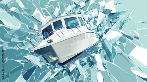 A digital rendering depicts a white motorboat breaking through a sheet of ice. The ice is depicted as shattered shards of various sizes and shapes, creating a dynamic and energetic composition. The