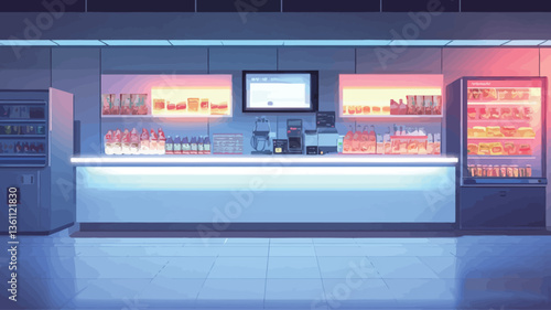 The image depicts a digitally rendered interior scene of a modern, minimalist retail kiosk.  The kiosk features a long, white counter with integrated lighting, showcasing various drinks and