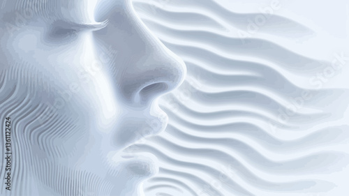 Close-up view of a stylized, three-dimensional profile of a human face rendered in shades of white and off-white. The face is smooth with subtle textural details.  The background features a