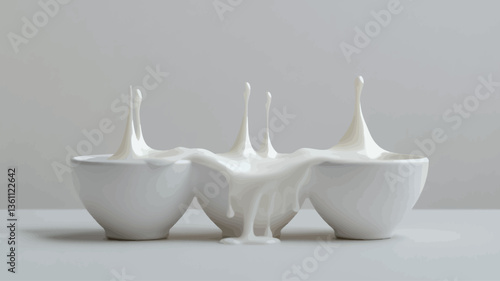 Close-up studio shot of three small white bowls.  A creamy white liquid, possibly milk or cream, overflows from the center bowl and spills onto the surface and into the two flanking bowls. The