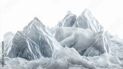 The image depicts an abstract representation of a mountain range.  The mountains are formed from a textured, crumpled material, primarily white and light gray with hints of blue, giving the
