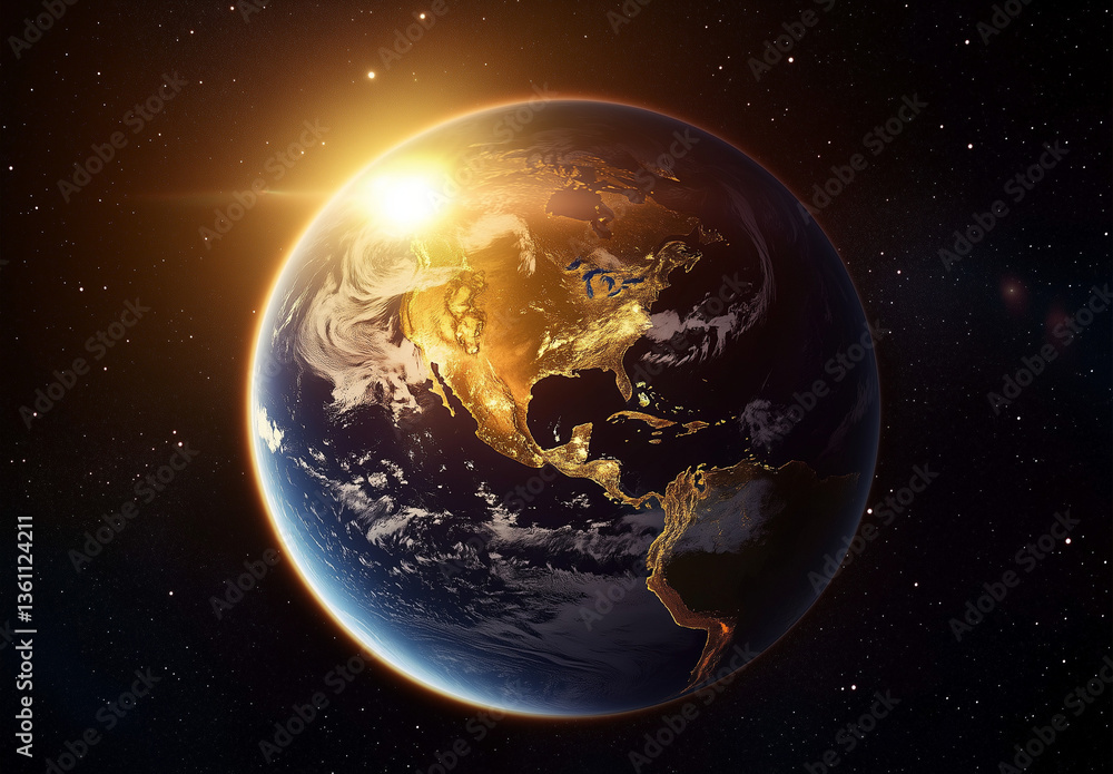 Obraz premium earth and sun, gold sunrise, view of earth from space