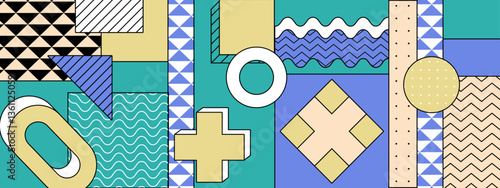 colorful abstract composition featuring geometric shapes and various patterns dynamic design memphis vector illustration